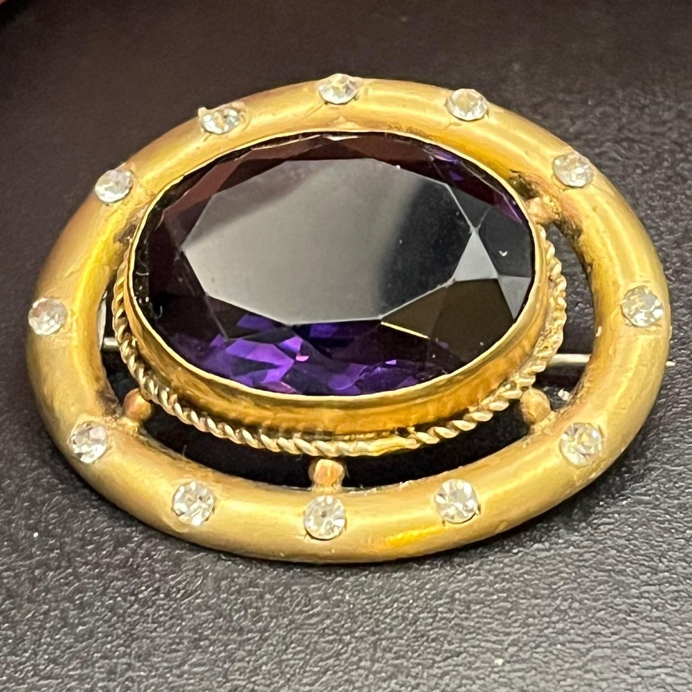 Antique Brass Brooch with Amethyst-Purple Glass & Paste Accents